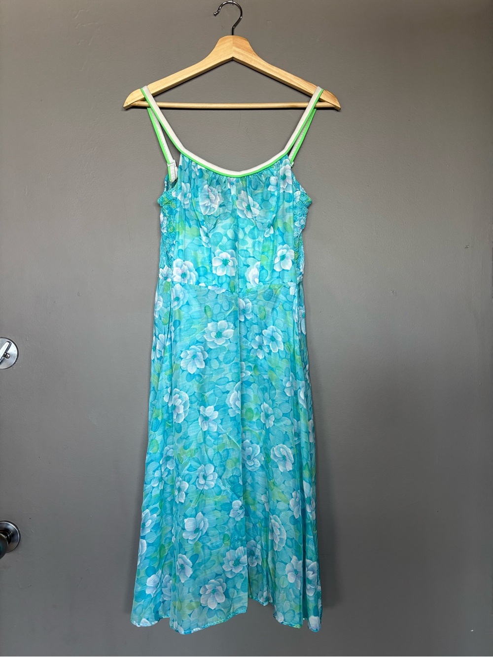 1970s Floral Blue & Green Slip Dress - Women's Intimates